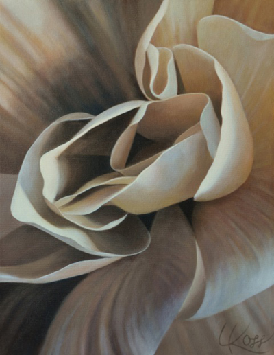 Begonia 14 | 18x14 acrylic on canvas by Canadian Artist, Laurie Koss who is known for her big flower (macro floral) paintings in neutral tones.