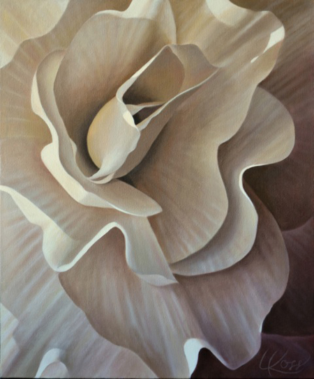 Begonia 15 | 24x20 acrylic on canvas by Canadian Artist, Laurie Koss who is known for her big flower (macro floral) paintings in neutral tones.