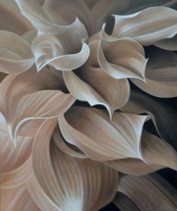 Dahlia 6 | 16x20 acrylic on canvas by Canadian Artist, Laurie Koss who is known for her big flower (macro floral) paintings in neutral tones.