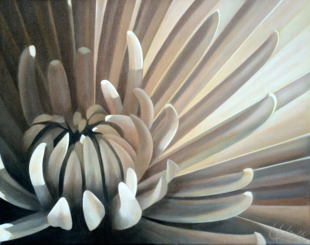 Mum 13 | 16x20 acrylic on canvas by Canadian Artist, Laurie Koss who is known for her big flower (macro floral) paintings in neutral tones.
