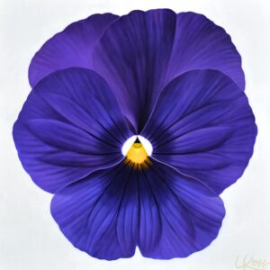 Pansy 14 | 24x24 acrylic on canvas by Canadian Artist, Laurie Koss who is known for her big flower (macro floral) paintings and her Pansy Stamps.