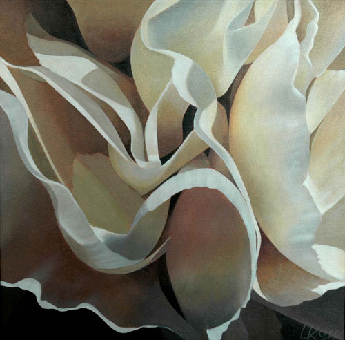 Carnation 10 | 12x12 acrylic on canvas by Canadian Artist, Laurie Koss who is known for her big flower (macro floral) paintings in neutral tones.