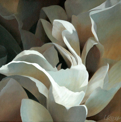 Carnation 11 | 12x12 acrylic on canvas by Canadian Artist, Laurie Koss who is known for her big flower (macro floral) paintings in neutral tones.