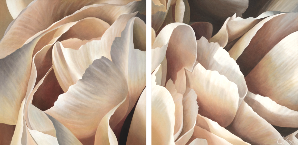 Two side-by-side close up paintings of neutral-toned carnations with varying muted tones