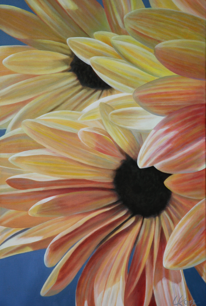 A close up painting of yellow and orange mums