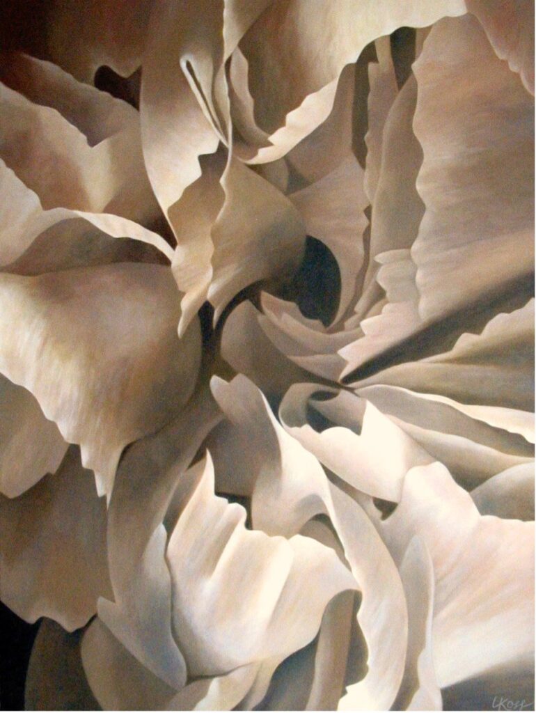 Carnation 3 | 36x48 acrylic on canvas by Canadian Artist, Laurie Koss who is known for her big flower (macro floral) paintings.