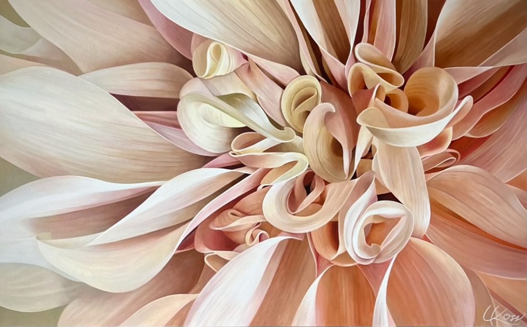 Close up painting of a peach toned cafe au lait dahlia flower with curly petals in centre