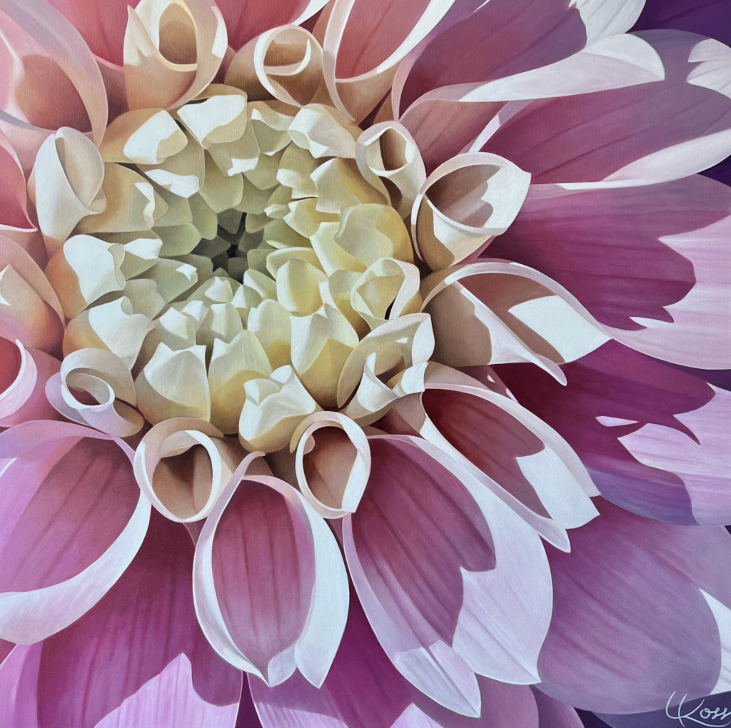 A close up painting of a light filled dahlia flower.
