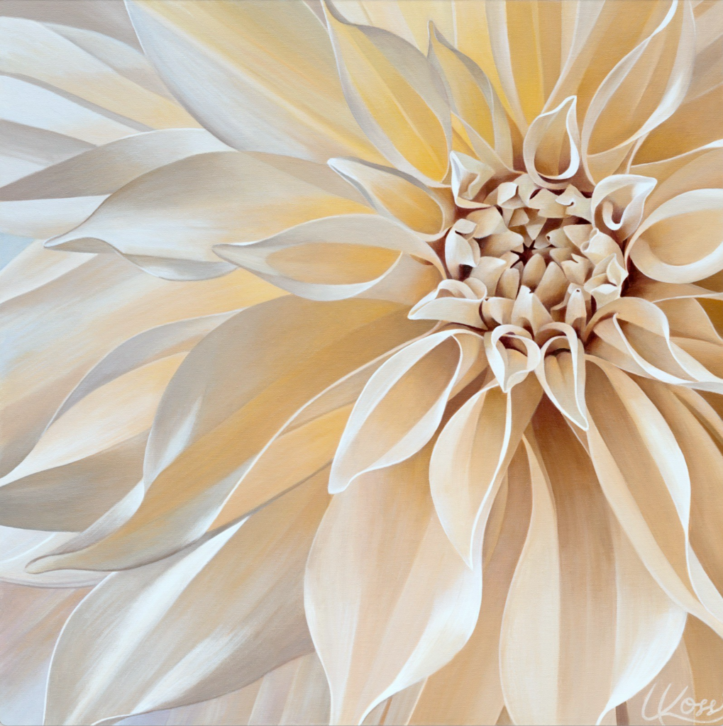 A close up painting of a white begonia with varying muted earthy tones